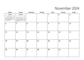 november 2024 enkel kalender planerare, vecka börjar från måndag. vektor