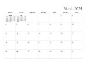 Mars 2024 enkel kalender planerare, vecka börjar från måndag. vektor
