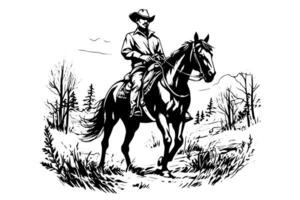 Cowboy auf Pferd im Gravur Stil. Hand gezeichnet Tinte skizzieren. Vektor Illustration.