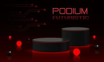 svart cirkel podium steg med röd neon ljus glöd boll på mörk bakgrund design modern trogen teknologi kreativ produkt visa vektor