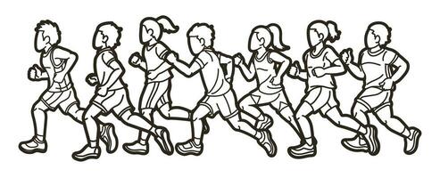 grupp av barn löpning pojke och flicka blanda verkan löpare spela tillsammans tecknad serie sport grafisk vektor