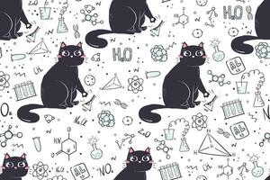 nahtlos Muster im Gekritzel Stil mit komisch Katze zum Schule Gegenstand Chemie. Hintergrund zum lehrreich Schreibwaren und Textilien. vektor
