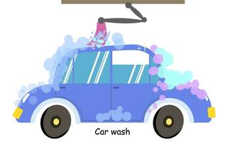 blå bil i bubblor. bil service tvättning, rena bil. söt vektor illustration isolerat.