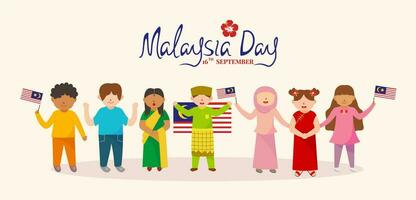 malaysia dag baner vektor illustration. söt tecknad serie av malajiska, indian, kinesiska, och arabicum i traditionell kostym. ansiktslös stil. 16 september.