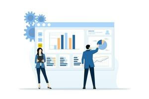 Geschäft Mannschaft Analyse und Überwachung Konzept auf Netz Bericht Instrumententafel Monitor. Daten Analyse Forschung eben Vektor Illustration Design zum Geschäft finanziell Planung Konzept, eben Vektor Illustration.