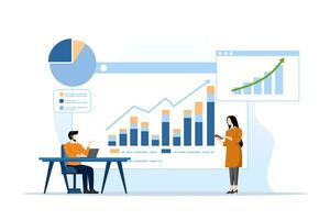 företag team analys och övervakning begrepp på webb Rapportera instrumentbräda övervaka. data analys forskning platt vektor illustration design för företag finansiell planera begrepp, platt vektor illustration.