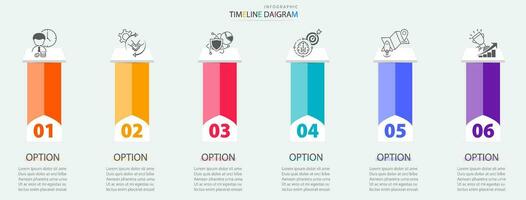 Zeitleiste Infografik Vorlage mit 6 Optionen zum Anzeige Geschäft Daten und Statistiken vektor