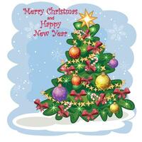 ein süß Karikatur Grün Drachen im ein Santa Hut hält ein rot Geschenk und sitzt Nächster zu das Weihnachten Baum. 2024 Neu Jahr vektor