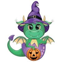süß Karikatur Grün Drachen im ein lila Magie Hut, Halloween. Kürbis, Trank, Besen. Symbol von 2024 gemäß zu das Chinesisch Kalender vektor