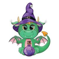 söt tecknad serie grön drake i en lila magi hatt, halloween. pumpa, trolldryck, kvast. symbol av 2024 enligt till de kinesisk kalender vektor