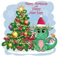 en söt tecknad serie grön drake i en santa hatt innehar en röd gåva och sitter Nästa till de jul träd. 2024 ny år vektor