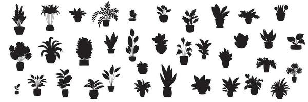 stor samling av krukväxt silhuett. hand dragen krukväxter silhuett isolerat på vit bakgrund. vektor illustration.