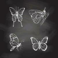 Hand gezeichnet Schmetterling skizzieren einstellen auf Tafel Hintergrund. einfarbig Insekten Gekritzel. schwarz und Weiß Jahrgang Elemente. Vektor skizzieren. detailliert retro Stil.