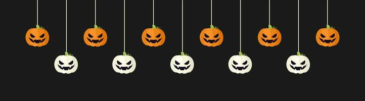 Lycklig halloween gräns baner domkraft o lykta pumpor hängande från Spindel nät. läskigt ornament dekoration vektor illustration, lura eller behandla fest inbjudan