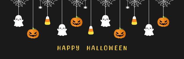 Lycklig halloween gräns baner med spöke, godis majs och domkraft o lykta pumpor. hängande läskigt ornament dekoration vektor illustration, lura eller behandla fest inbjudan