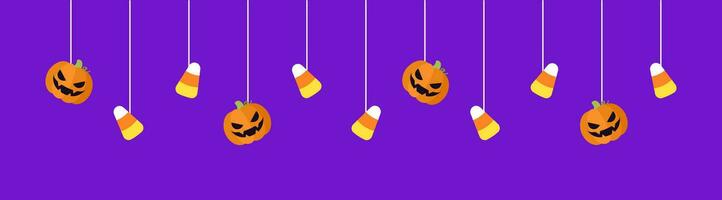 Lycklig halloween gräns baner med godis majs och domkraft o lykta pumpor hängande från Spindel nät. läskigt ornament dekoration vektor illustration, lura eller behandla fest inbjudan