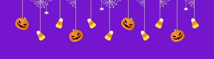 Lycklig halloween gräns baner med godis majs och domkraft o lykta pumpor hängande från Spindel nät. läskigt ornament dekoration vektor illustration, lura eller behandla fest inbjudan
