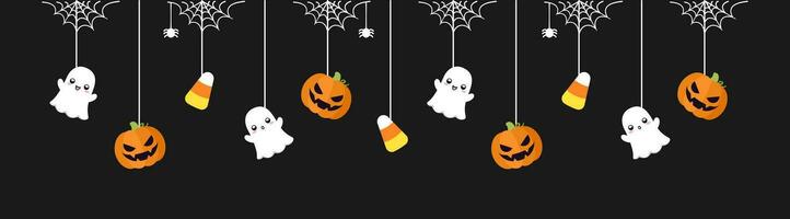 Lycklig halloween gräns baner med spöke, godis majs och domkraft o lykta pumpor. hängande läskigt ornament dekoration vektor illustration, lura eller behandla fest inbjudan