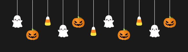 Lycklig halloween gräns baner med spöke, godis majs och domkraft o lykta pumpor. hängande läskigt ornament dekoration vektor illustration, lura eller behandla fest inbjudan