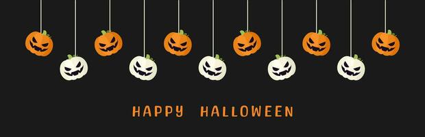 glücklich Halloween Rand Banner Jack Ö Laterne Kürbisse hängend von Spinne Netze. gespenstisch Ornamente Dekoration Vektor Illustration, Trick oder behandeln Party Einladung