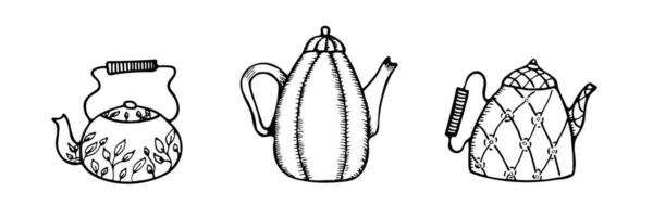 Hand gezeichnet Teekannen Satz. Gekritzel Stil Teekannen und Kaffee Wasserkocher isoliert auf Weiß Hintergrund. Vektor Illustration auf Tee Zeit Symbole zum Cafe und Restaurant Speisekarte Design.