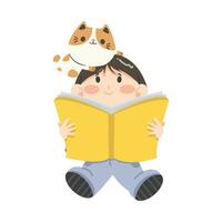 flicka Sammanträde läsa bok med katt vektor
