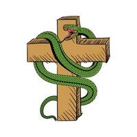Jahrgang hölzern Jesus Christian Kreuz mit Grün Schlange Schlange Kobra Illustration Design vektor