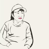 vektor illustration med linje konst stil av en kvinna bär en hatt med en allvarlig ansikte