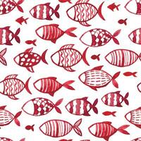 Aquarell nahtlos Muster mit Fisch. Kinder- einfach Zeichnung Blau und rot Fisch auf ein Weiß Hintergrund. Gekritzel vektor