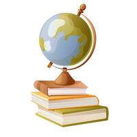 Globus steht auf das Bücher. bunt Zeichen von Erde Modell, Erdkunde Zeichen und Bücher wie ein Lernen Symbol, geografisch Entdeckungen. Vektor Illustration isoliert auf Weiß Hintergrund
