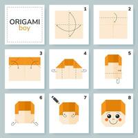 Junge Origami planen Lernprogramm ziehen um Modell. Origami zum Kinder. Schritt durch Schritt Wie zu machen ein süß Origami Mensch. Vektor Illustration.