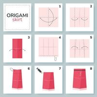 kjol origami schema handledning rör på sig modell. origami för ungar. steg förbi steg på vilket sätt till göra en söt origami trasa för kvinnor. vektor illustration.