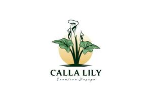 natur calla lilja blomma logotyp design med Sol bakgrund vektor