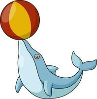 söt Lycklig blå delfin tecknad serie spelar strand boll vektor