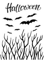 Halloween-Partyeinladung und Grußkarte, Flyer, Banner, Postervorlagen. handgezeichnete traditionelle charaktere, süße designelemente, handgeschriebene tintenbeschriftung. vektor