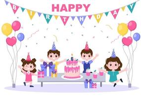 Grattis på födelsedagsfest firar illustration med ballong, hattar, konfetti, gåva och tårtdesign vektor