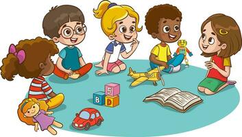 Kinder spielen mit lehrreich Spiele im Kindergarten Zimmer. Kinder reden zusammen im Kindergarten. Poster mit das Platz zum Ihre Text. Spielzimmer mit Kinder. vektor