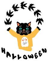 Halloween drucken mit schwarz Katze und fliegend Fledermäuse. perfekt zum T-Shirt, Aufkleber, Poster und Karte. vektor