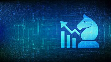 Geschäft Strategie Symbol gemacht mit Währung Symbole. Schach Ritter mit wachsend Graph und Pfeile Symbole. Dollar, Euro, Yen und Pfund Symbole. Hintergrund mit Währung Zeichen. Vektor Illustration.