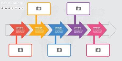 Timeline und Pfeilvektorinfografik. Weltkartenhintergrund vektor