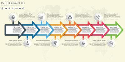 Timeline und Pfeilvektorinfografik. Weltkartenhintergrund vektor