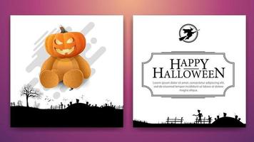 Happy Halloween, weiße kreative Gruß doppelseitige quadratische Karte bereit zum Drucken mit Illustration Teddybär mit Kürbiskopf with vektor