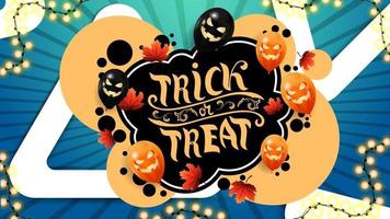 trick or treat, kreativt hälsningsvykort med graffitistil. mall med bubblor, höstblad, halloweenballonger och kreativ bakgrund med trianglar vektor