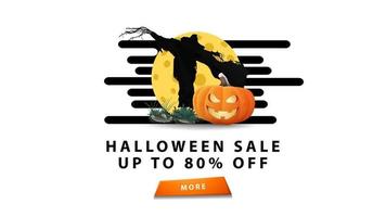 Halloween Sale, bis zu 50 Stück, weiße stylische minimalistische Grußpostkarte mit Vogelscheuche und Kürbis Jack gegen den Mond vektor