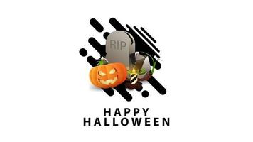 Happy Halloween, weiße stilvolle minimalistische Grußpostkarte mit Grabstein und Kürbis Jack vektor