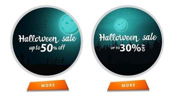 Halloween-Verkauf, zwei runde Rabattbanner mit Knopf und Halloween-Landschaft im Hintergrund vektor