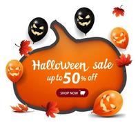 halloween försäljning, upp till 50 rabatt, vit banner med en enorm pumpa huggen i papper, halloween ballonger och höstblad vektor