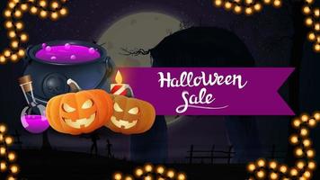 halloween försäljning, banner med band, halloween landskap i bakgrunden, häxkittel och pumpa jack vektor
