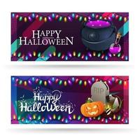 lycklig halloween, två horisontella gratulationskort med häxkittel med dryck, gravsten och pumpajack vektor