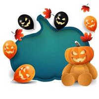 halloween vit mall med en enorm pumpa huggen i papper, halloween ballonger, höstblad och nallebjörn med jack pumpahuvud vektor